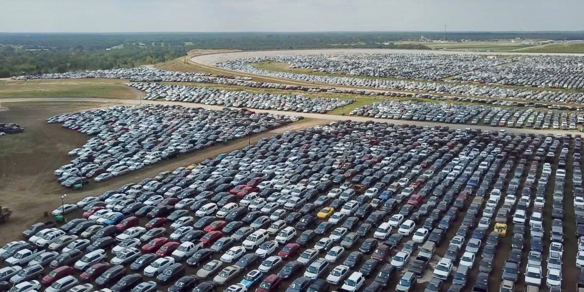 Drone video shows thousands of flooded cars being stored at Texas World Speedway