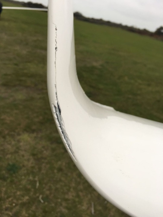 Drone damage to the wingtip of the Lange Antares 20E glider airplane.