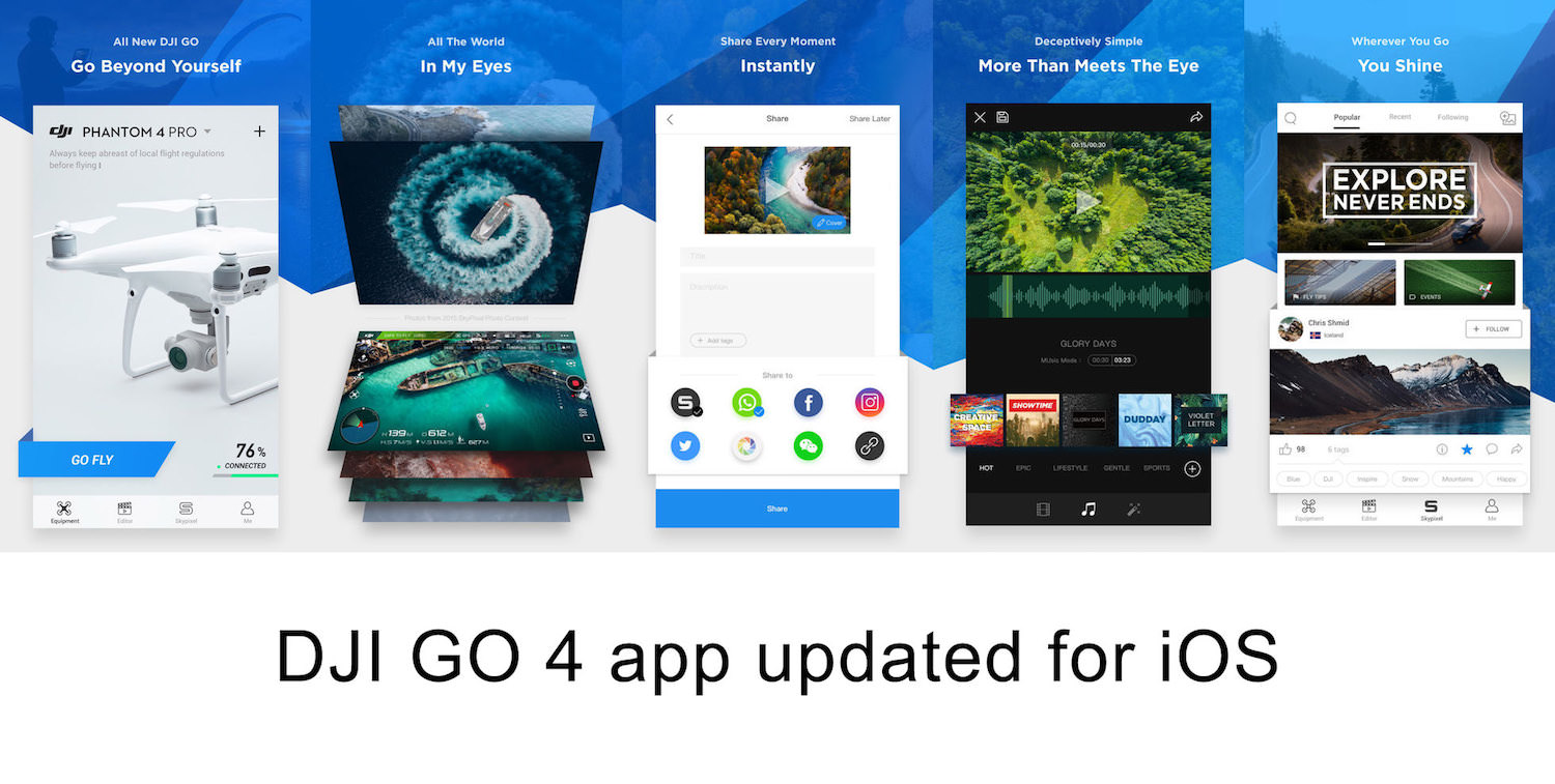 muestra Injerto espacio DJI GO 4 app updated for iOS – Version 4.1.17