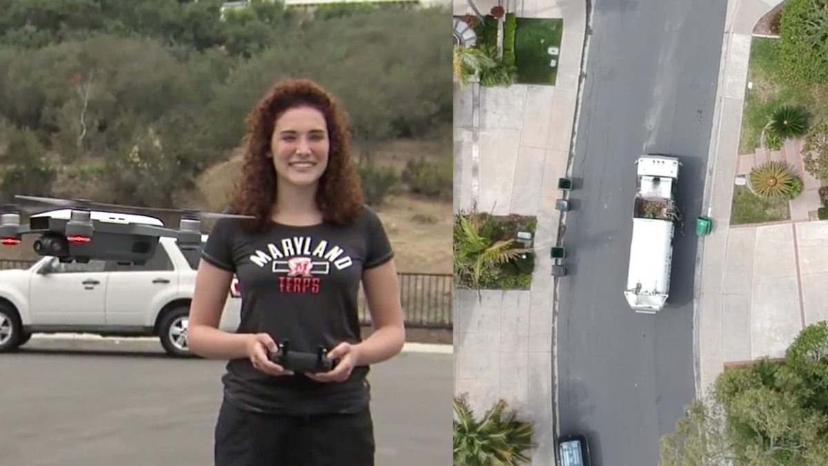 Caught by a DJI Spark drone - Garbage driver trashes trash cans in Del Mar community