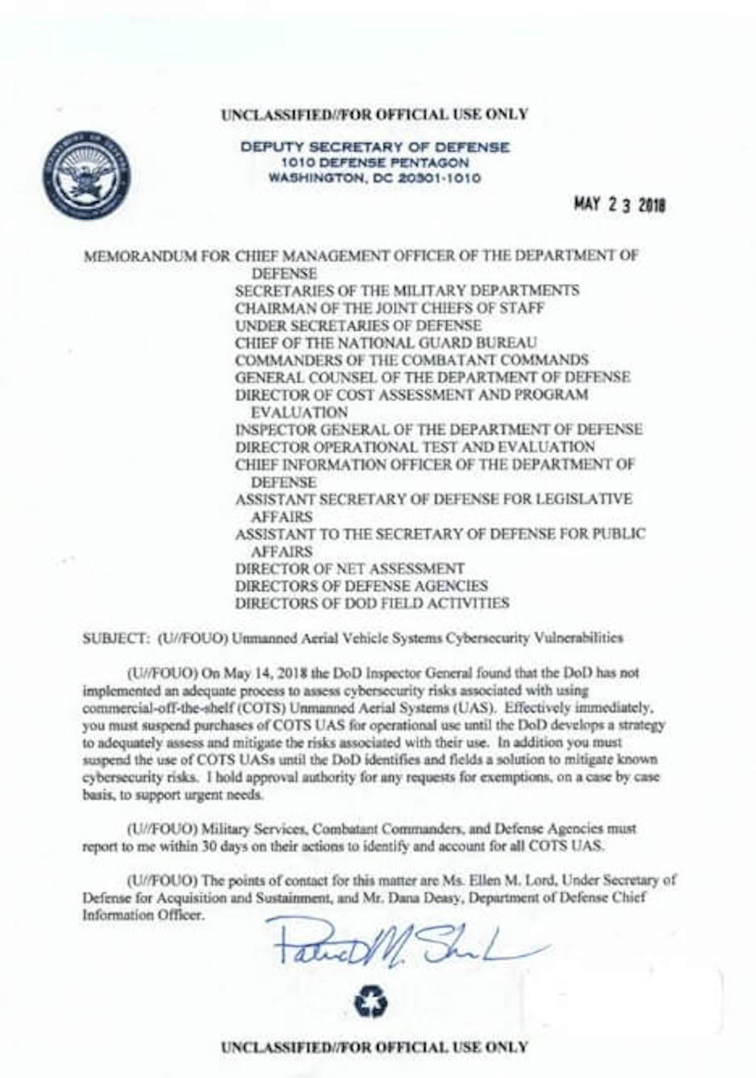 Department of Defense bans the purchase of commercial-over-the-shelf UAS, including DJI drones effective immediately