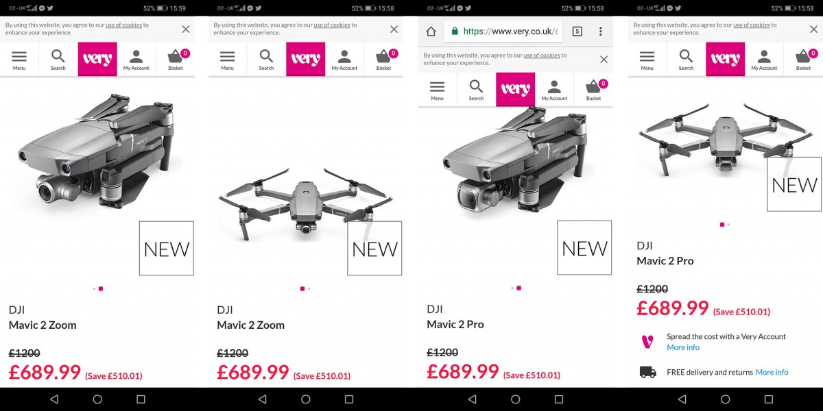 DJI Mavic 2 Pro and Zoom surface on website of yet another UK retailer, 'Very'