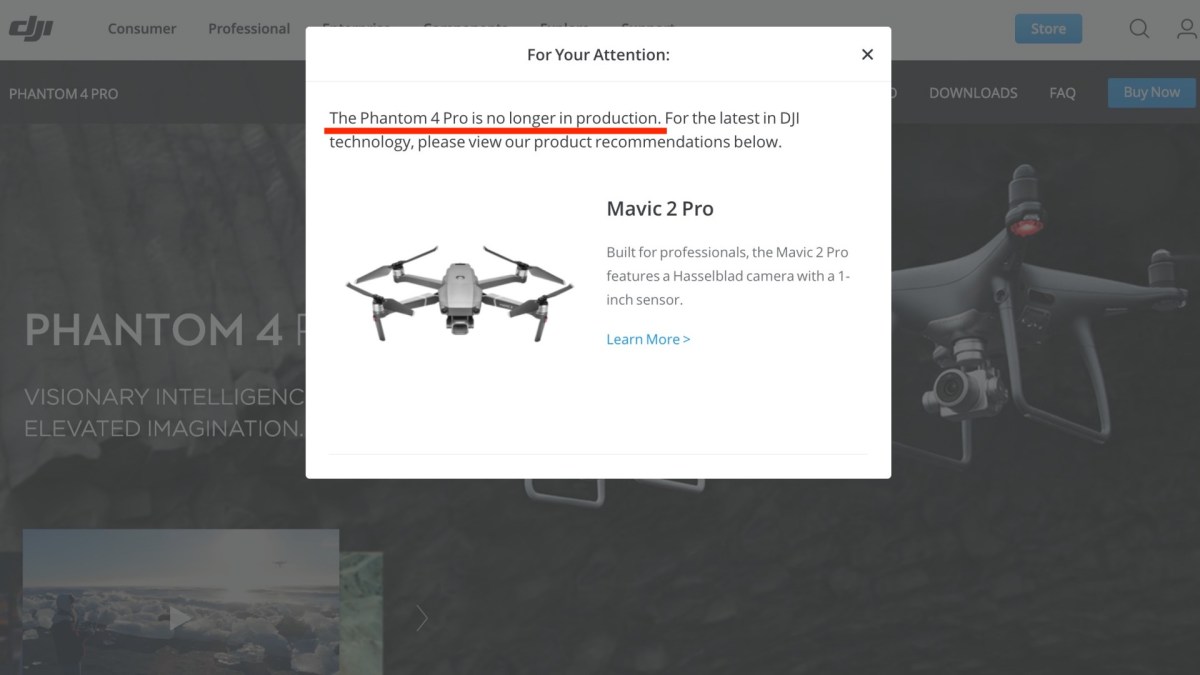 Phantom 4 Pro out of production according to DJI's website