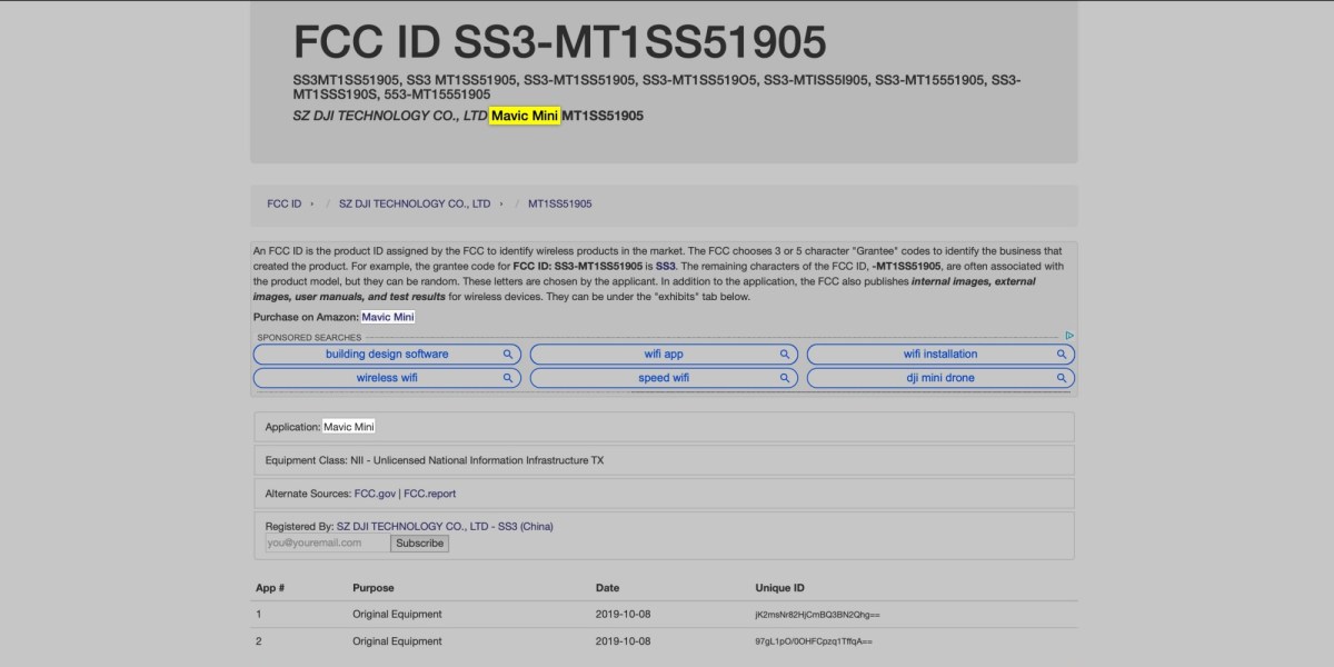 DJI Mavic Mini confirmed in FCC database filing