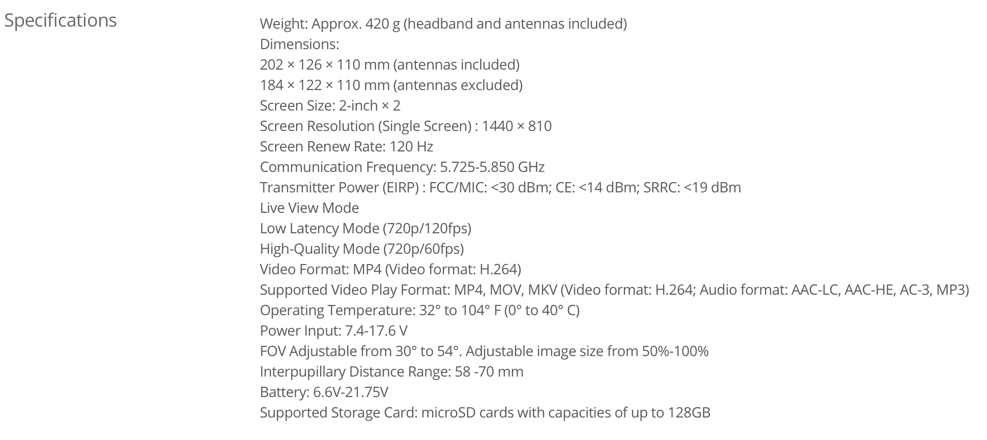 dji fpv goggles specs