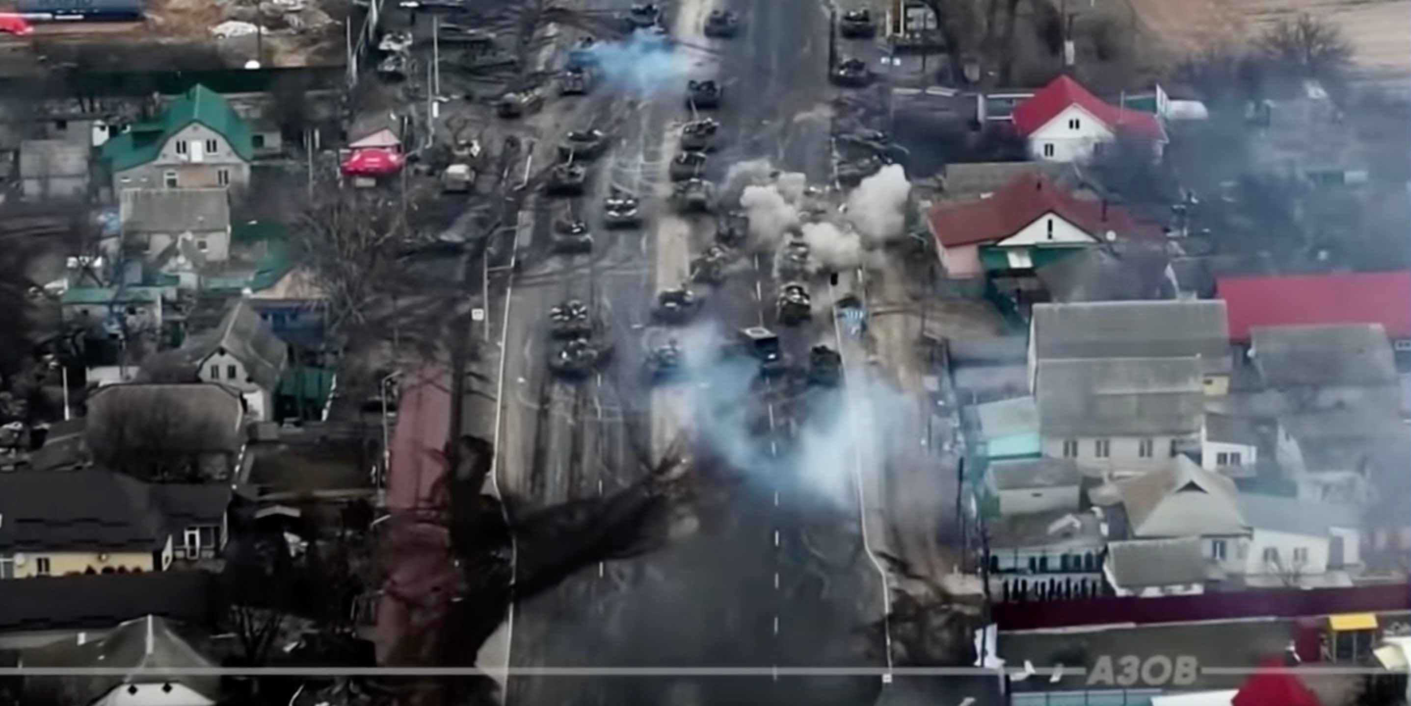 Видео с дрона: украинская засада на российскую колонну под Киевом