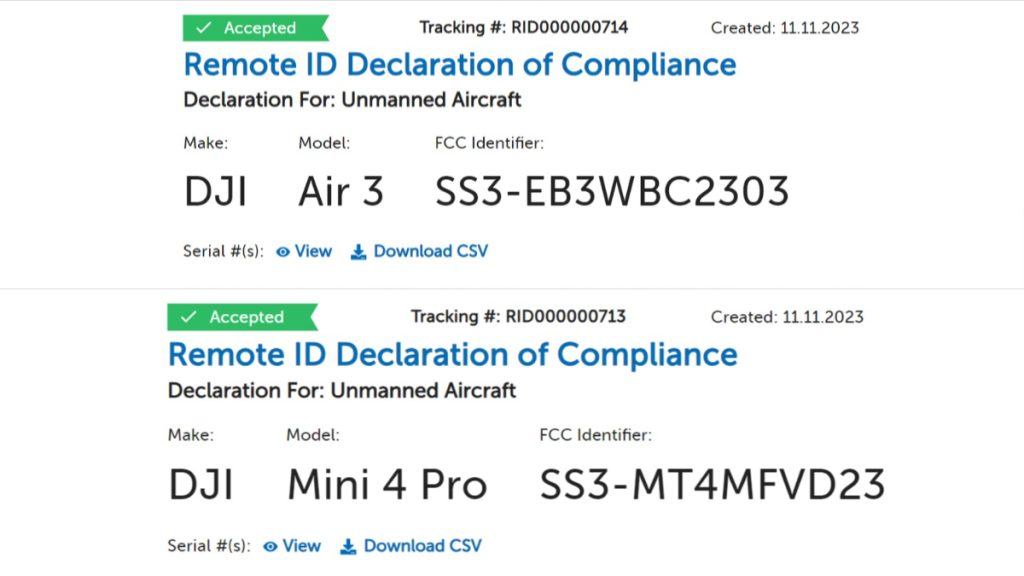 dji air 3 mini 4 pro drone control remoto id declaración de conformidad faa