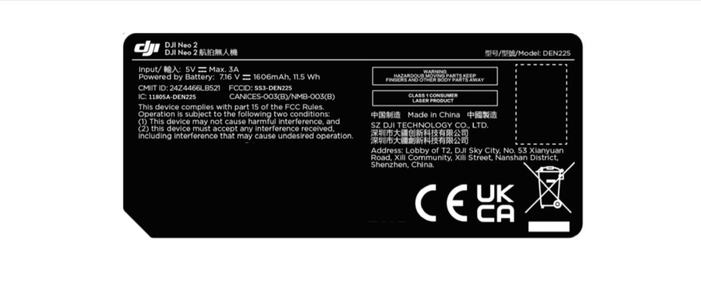 DJI Neo 2 drone FCC label